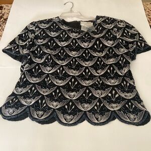 Papell Boutique Evening Black & silver Beaded 100% Silk Top Size XL EUC.